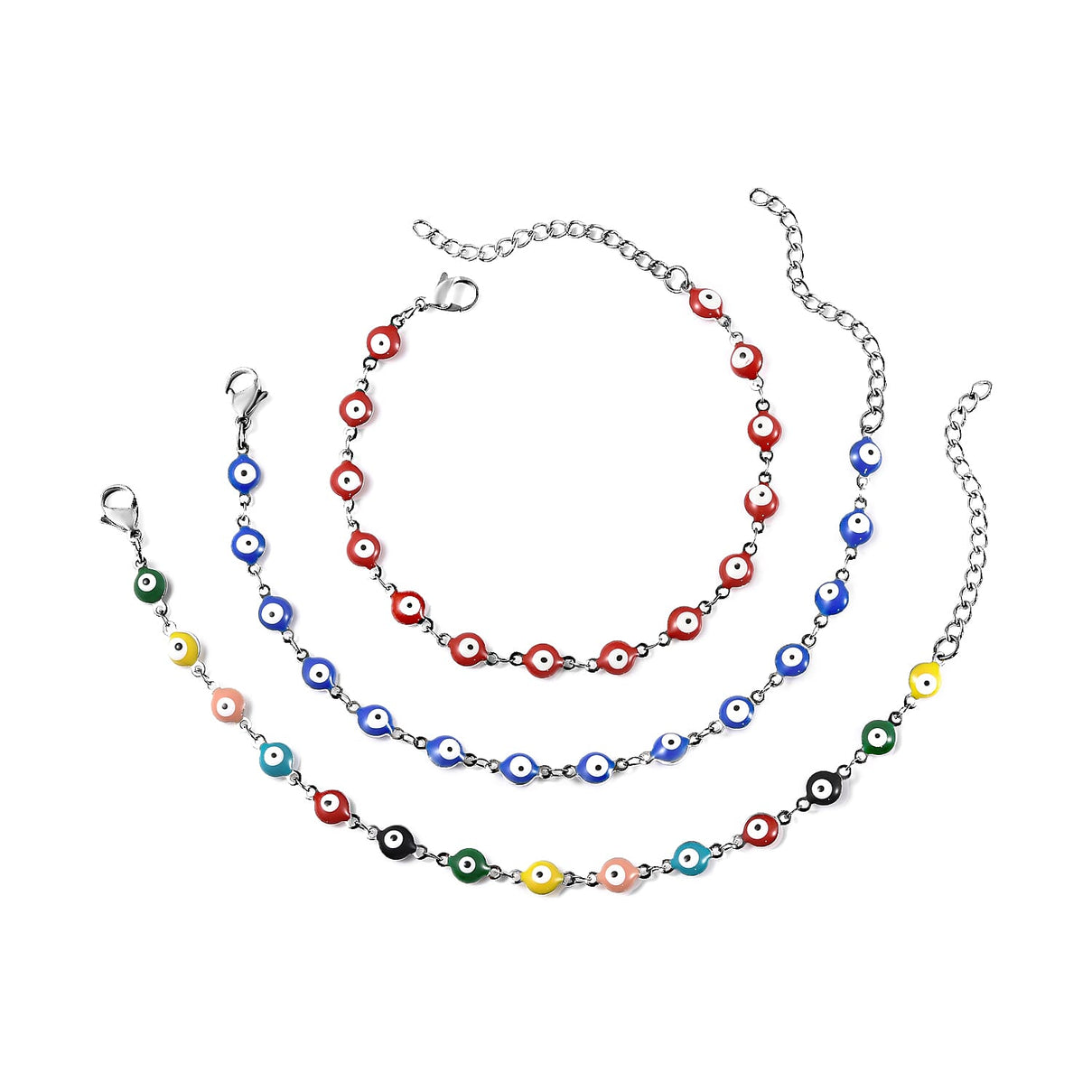 Set of 3 - Multi Color Turkish Eye Bead Bracelet (Size 7.5-2 Ext.) in Silver Tone 4046383 0