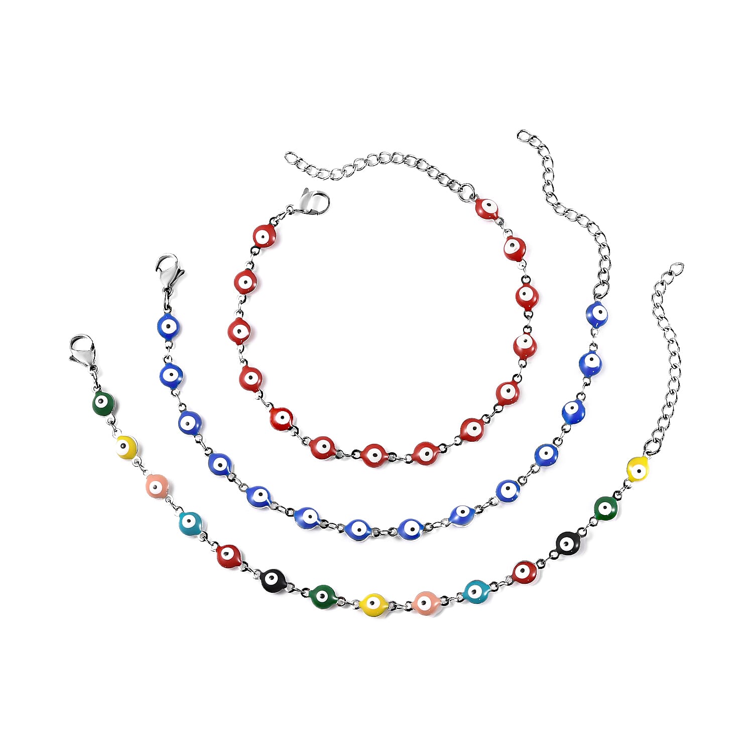 Set of 3 - Multi Color Turkish Eye Bead Bracelet (Size 7.5-2 Ext.) in Silver Tone 4046383 0
