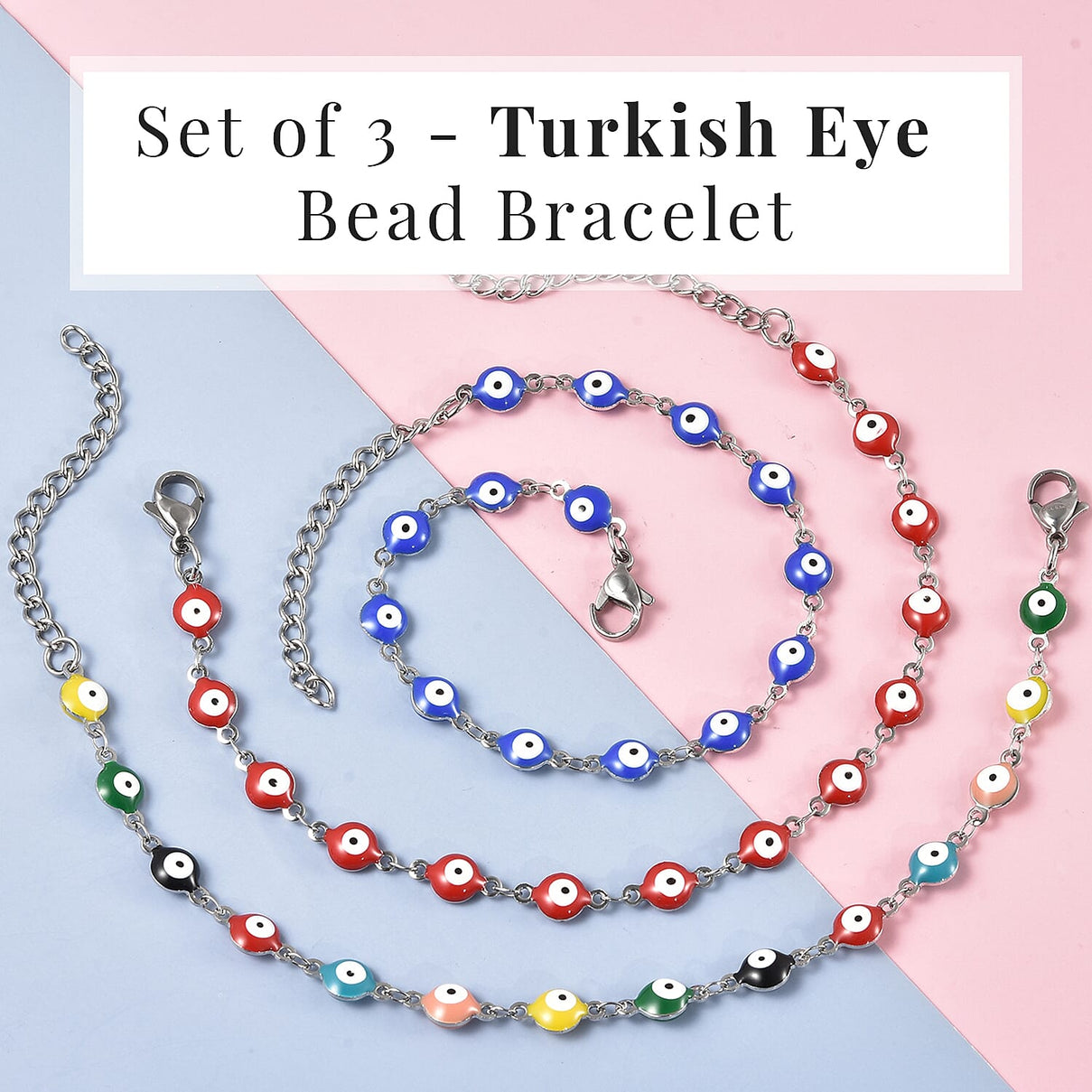 Set of 3 - Multi Color Turkish Eye Bead Bracelet (Size 7.5-2 Ext.) in Silver Tone 4046383 2