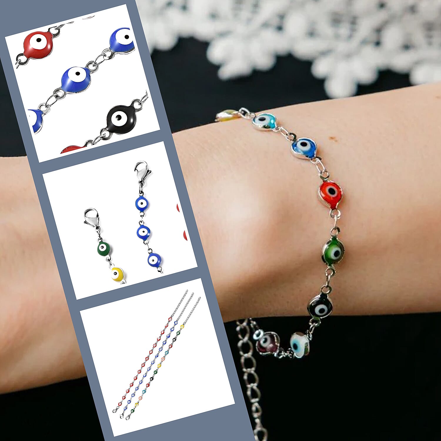 Set of 3 - Multi Color Turkish Eye Bead Bracelet (Size 7.5-2 Ext.) in Silver Tone 4046383 3