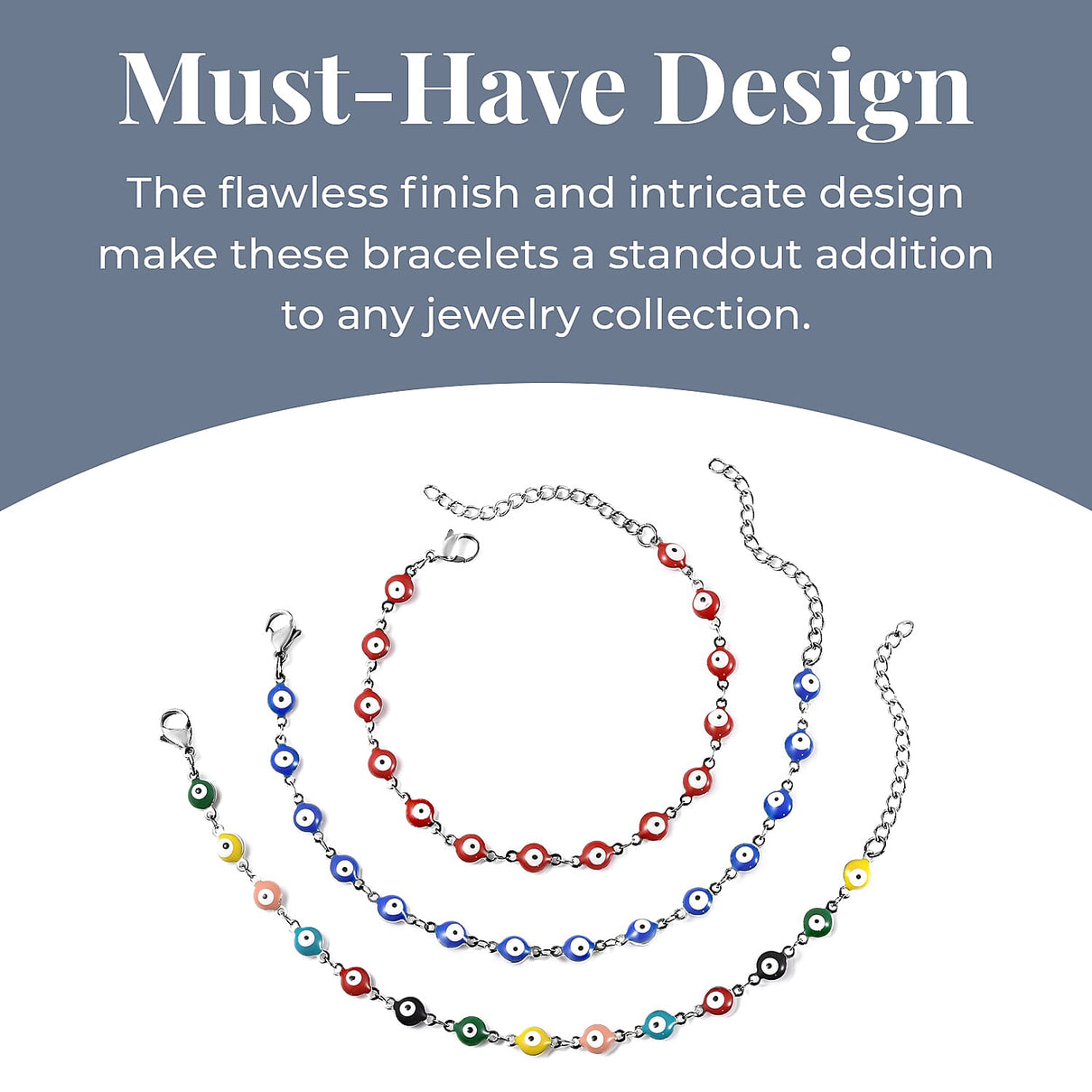 Set of 3 - Multi Color Turkish Eye Bead Bracelet (Size 7.5-2 Ext.) in Silver Tone 4046383 4