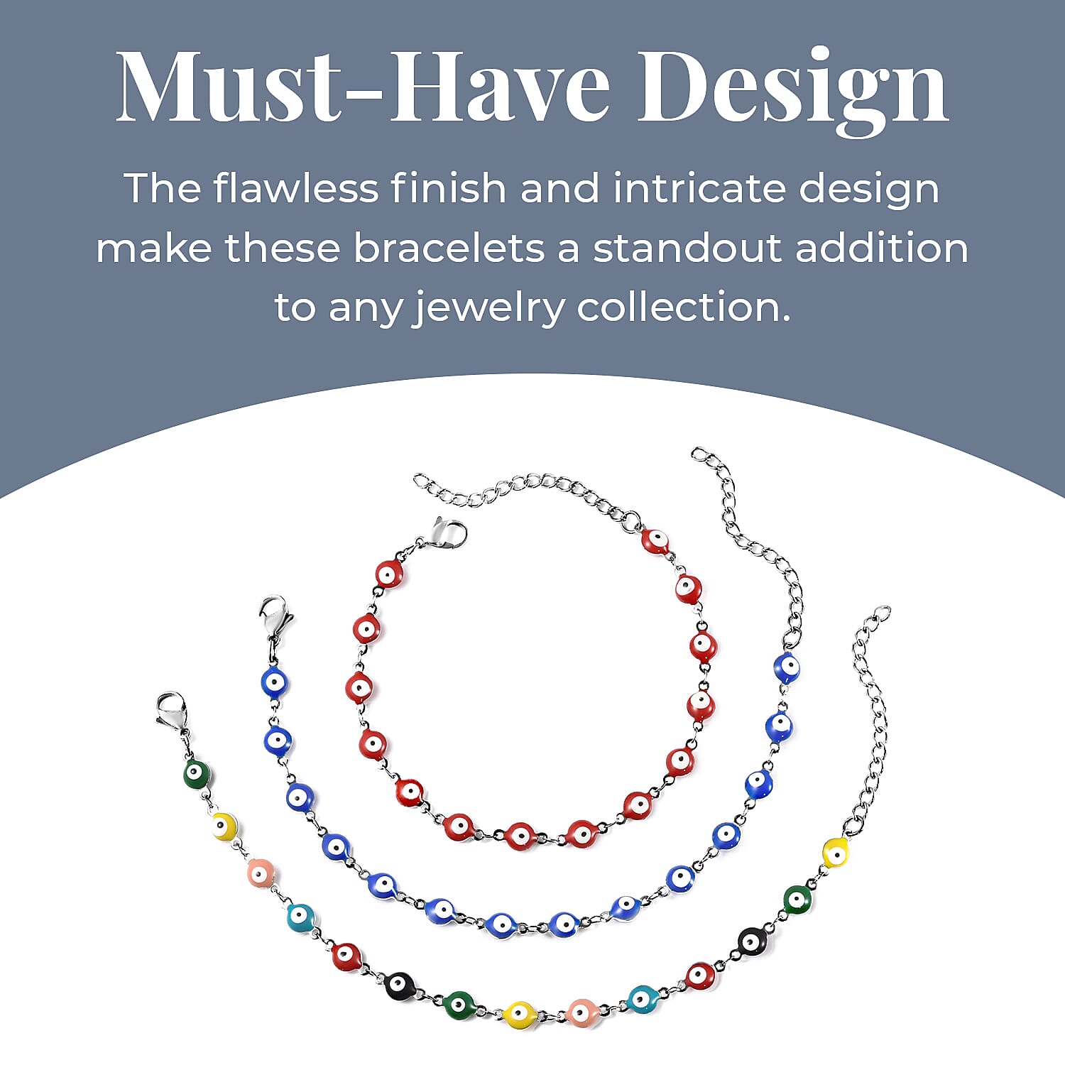 Set of 3 - Multi Color Turkish Eye Bead Bracelet (Size 7.5-2 Ext.) in Silver Tone 4046383 4