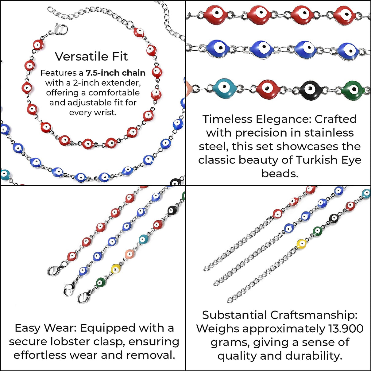 Set of 3 - Multi Color Turkish Eye Bead Bracelet (Size 7.5-2 Ext.) in Silver Tone 4046383 5