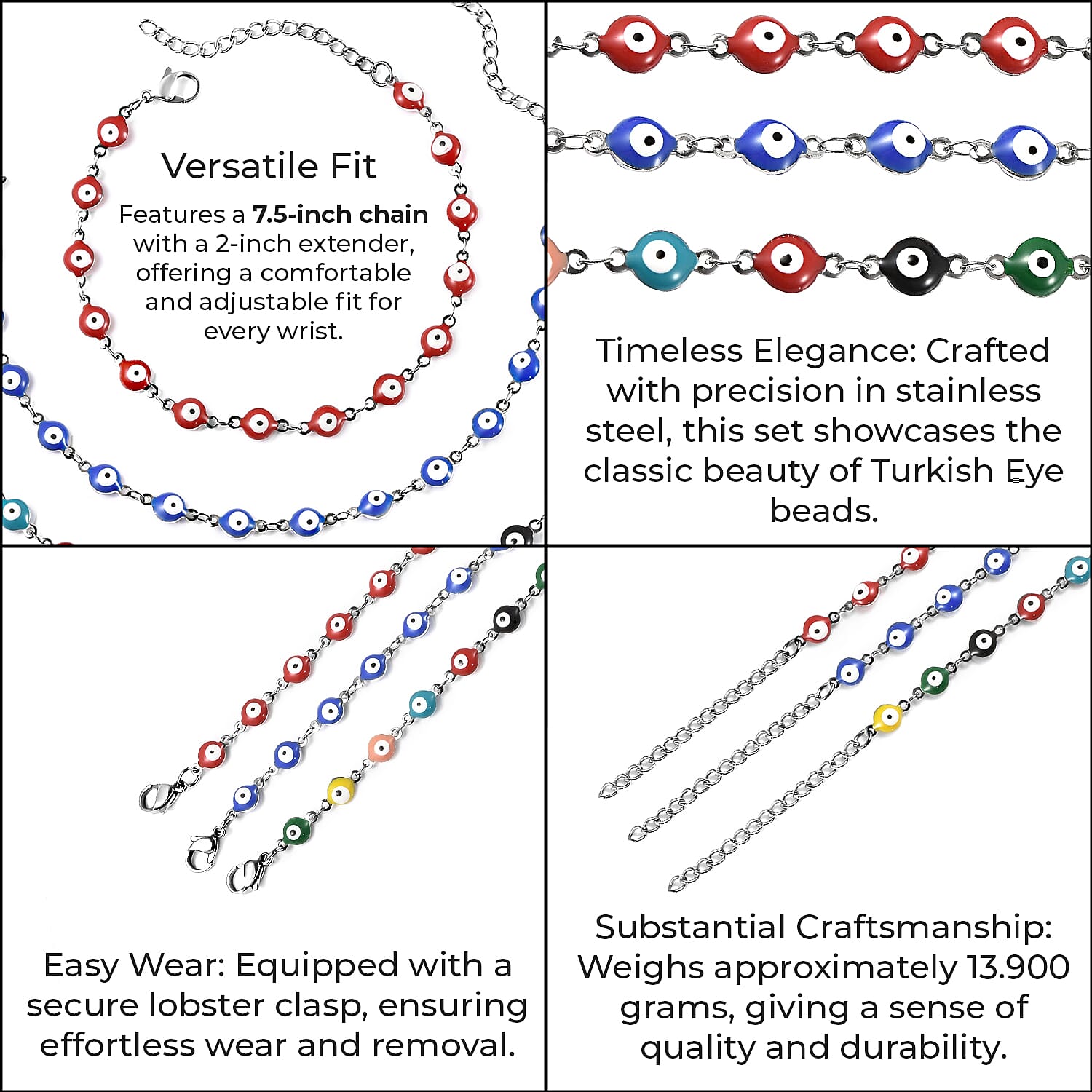 Set of 3 - Multi Color Turkish Eye Bead Bracelet (Size 7.5-2 Ext.) in Silver Tone 4046383 5