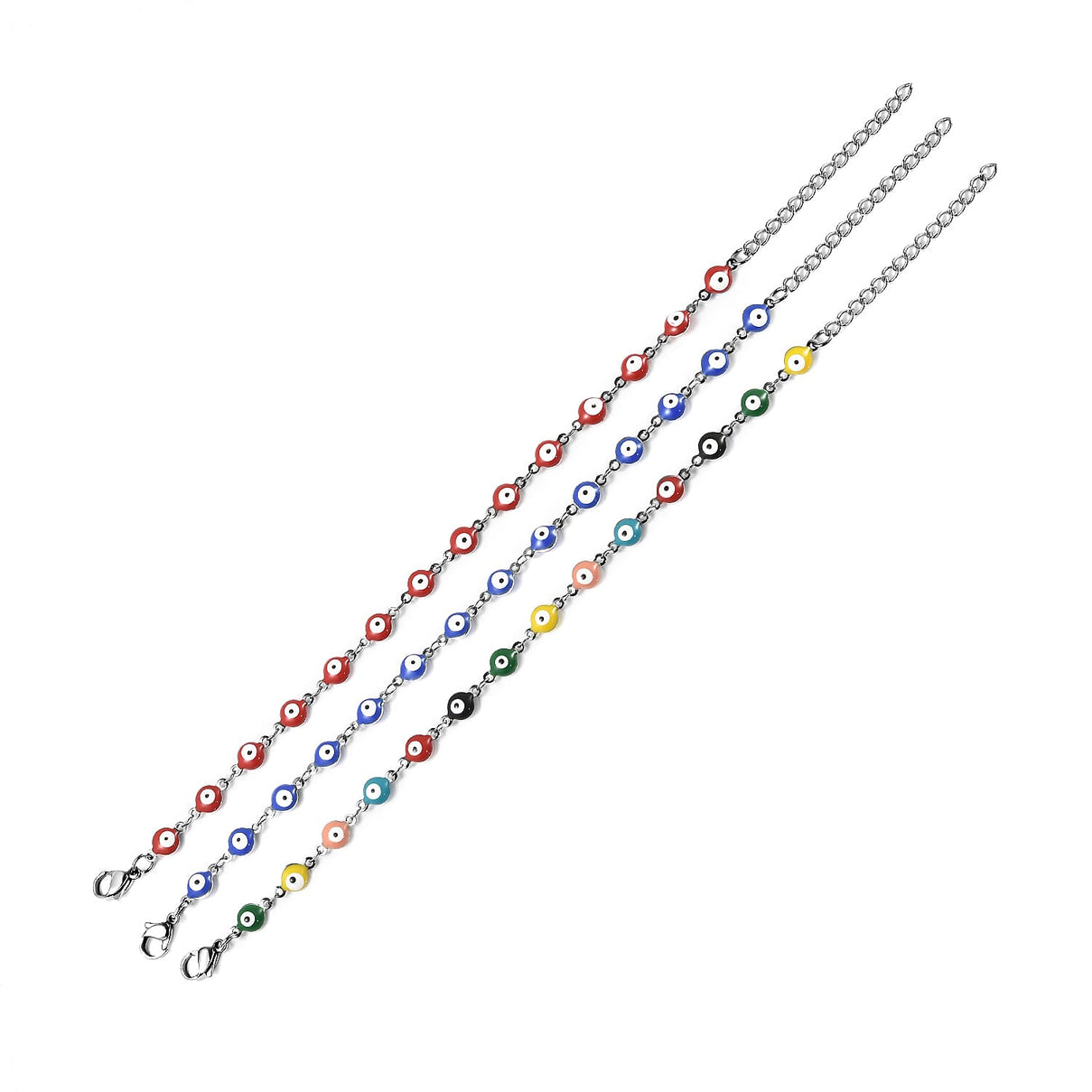 Set of 3 - Multi Color Turkish Eye Bead Bracelet (Size 7.5-2 Ext.) in Silver Tone 4046383 7