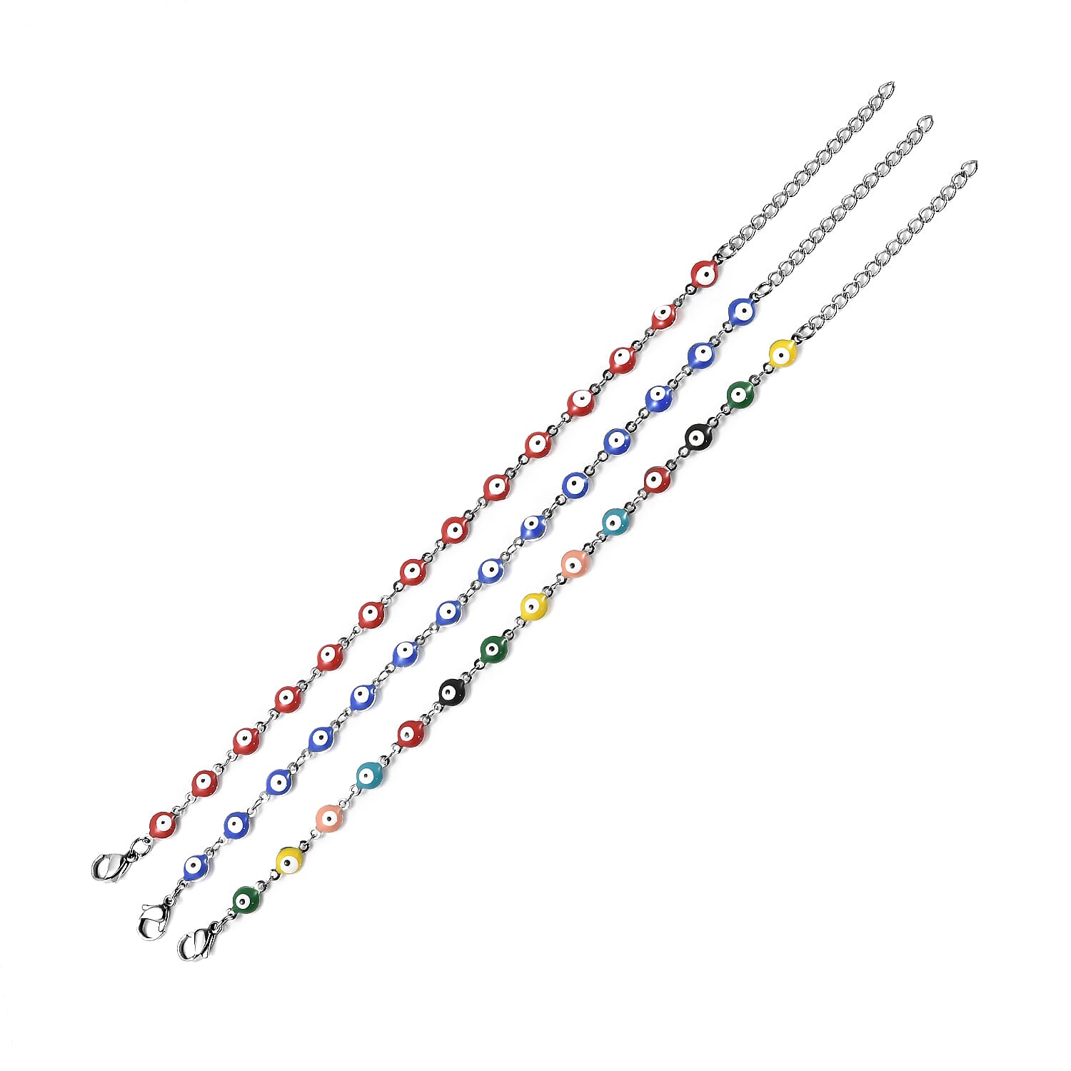 Set of 3 - Multi Color Turkish Eye Bead Bracelet (Size 7.5-2 Ext.) in Silver Tone 4046383 7