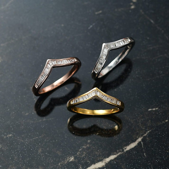 Set of 3 -  D'Joy Natural White Diamond Stackable Wishbone Ring in Rhodium Overlay and 18K Yellow Gold Vermeil and 18K Rose Gold Vermeil Sterling Silver 0.50 Ct. 4424941 2