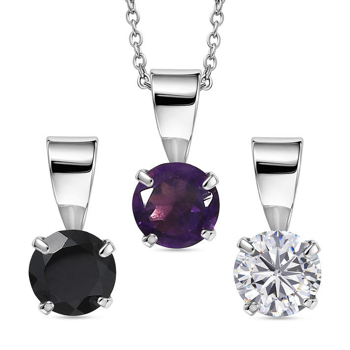Set of 3 - African Amethyst, White Topaz &amp; Black Spinel Solitaire Pendant in Platinum Overlay Sterling Silver with Chain (Size 20) 1.70 Ct. 4458129 1