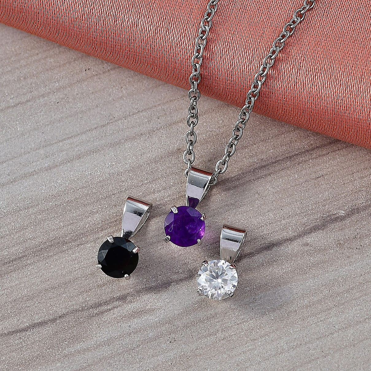 Set of 3 - African Amethyst, White Topaz &amp; Black Spinel Solitaire Pendant in Platinum Overlay Sterling Silver with Chain (Size 20) 1.70 Ct. V32513276 3