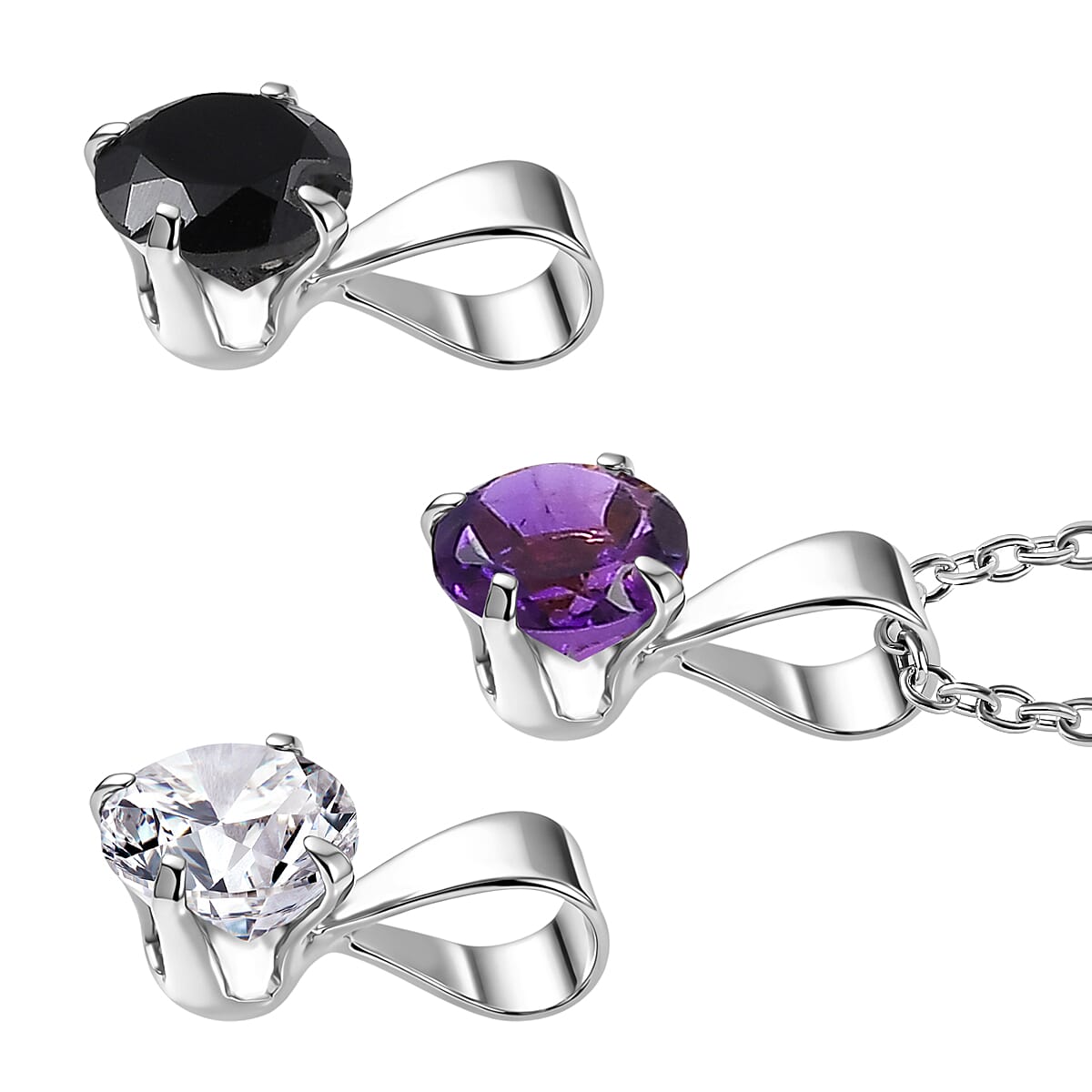 Set of 3 - African Amethyst, White Topaz &amp; Black Spinel Solitaire Pendant in Platinum Overlay Sterling Silver with Chain (Size 20) 1.70 Ct. V32513276 4