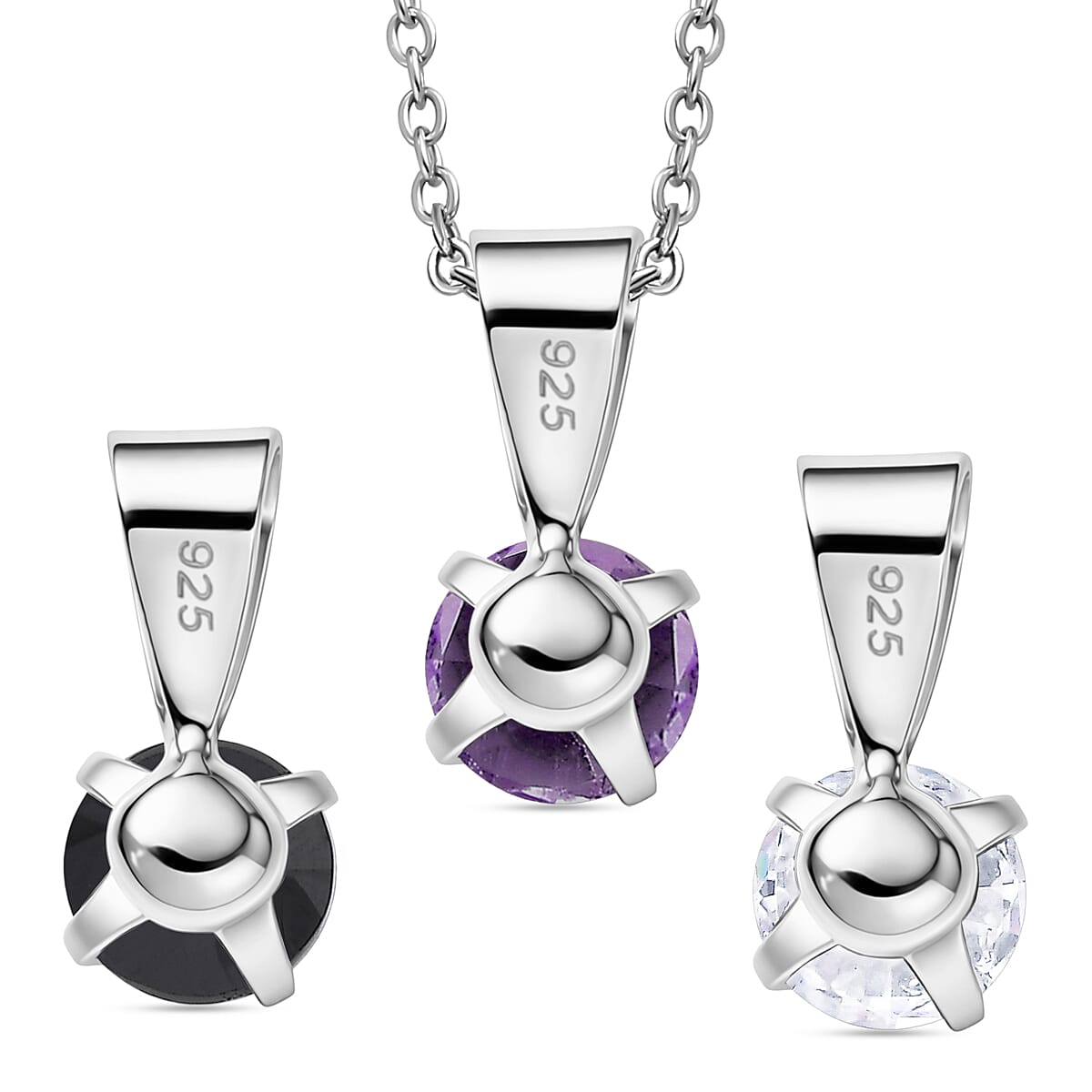 Set of 3 - African Amethyst, White Topaz &amp; Black Spinel Solitaire Pendant in Platinum Overlay Sterling Silver with Chain (Size 20) 1.70 Ct. V32513276 5