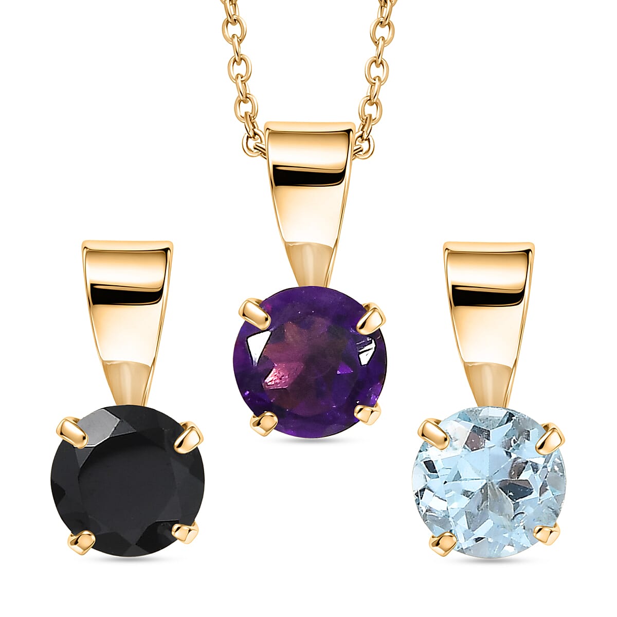Set of 3 - African Amethyst, White Topaz &amp; Black Spinel Solitaire Pendant in Yellow Gold Plated Sterling Silver with Chain (Size 20) 1.70 Ct. V32516306 0