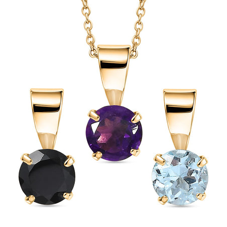 Set of 3 - African Amethyst, White Topaz &amp; Black Spinel Solitaire Pendant in Yellow Gold Plated Sterling Silver with Chain (Size 20) 1.70 Ct. 4458133 1