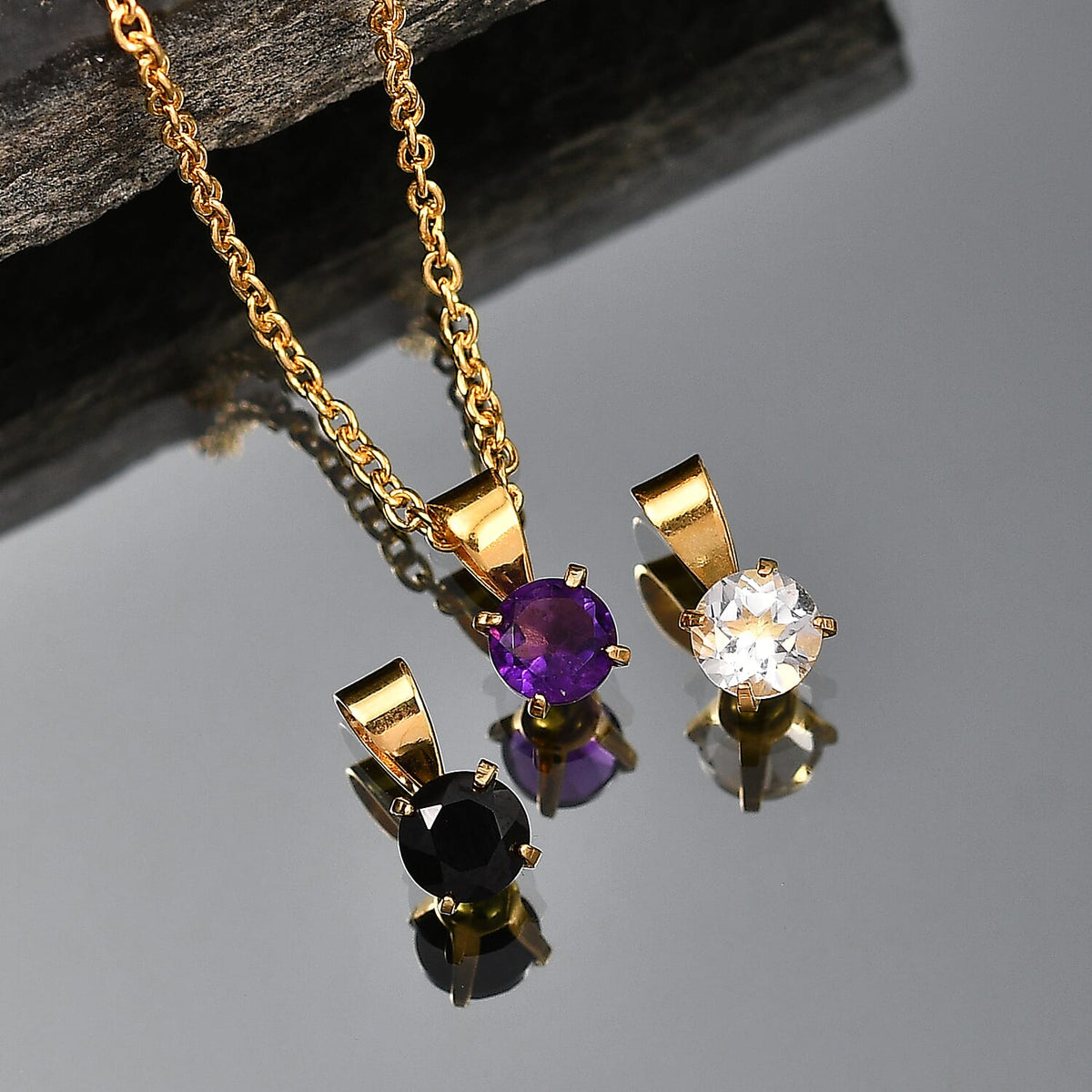 Set of 3 - African Amethyst, White Topaz &amp; Black Spinel Solitaire Pendant in Yellow Gold Plated Sterling Silver with Chain (Size 20) 1.70 Ct. V32516306 3