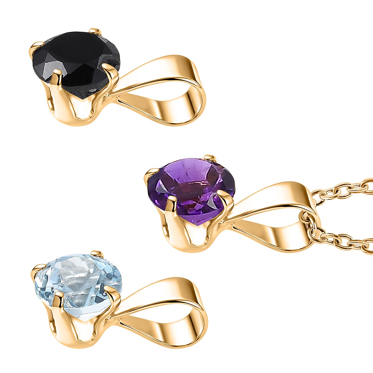 Set of 3 - African Amethyst, White Topaz &amp; Black Spinel Solitaire Pendant in Yellow Gold Plated Sterling Silver with Chain (Size 20) 1.70 Ct. V32516306 4