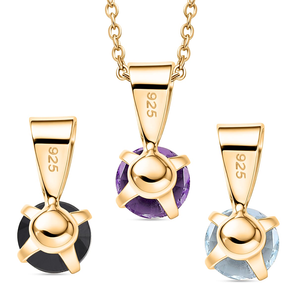 Set of 3 - African Amethyst, White Topaz &amp; Black Spinel Solitaire Pendant in Yellow Gold Plated Sterling Silver with Chain (Size 20) 1.70 Ct. V32516306 5