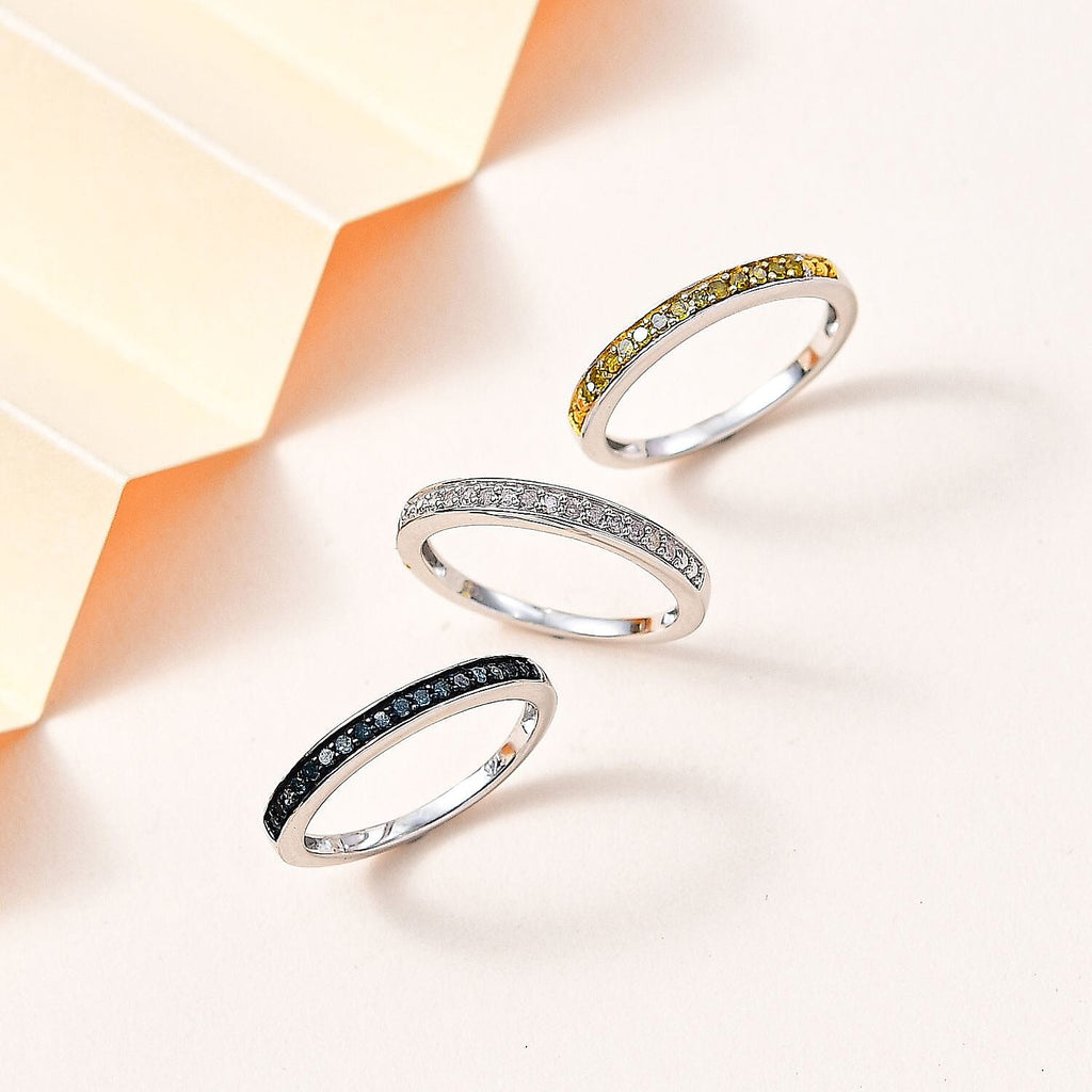 Set of 3 -  Yellow Diamond  Blue Diamond  White Diamond Ring in Platinum Overlay Sterling Silver  Wt. 6 Gms  0.500  Ct.