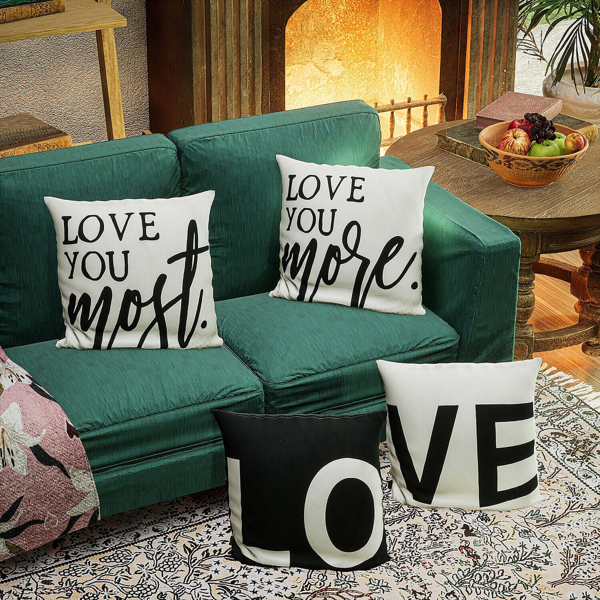 Set of 4 -  Love Theme Cushion Cover (Size 40 Cm) - White - Black 7231467 1