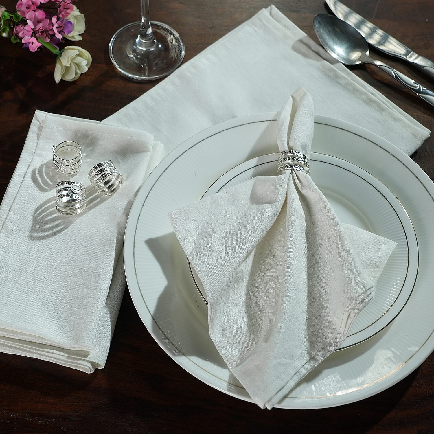 Set of 4 - Spring Cotton Napkin Ring with Table Napkins (Size 40) - Silver 7905582 1