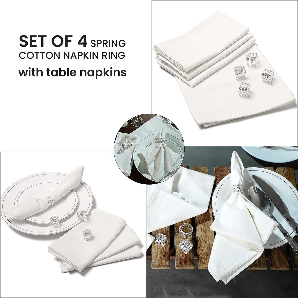 Set of 4 - Spring Cotton Napkin Ring with Table Napkins (Size 40) - Silver 7905582 2