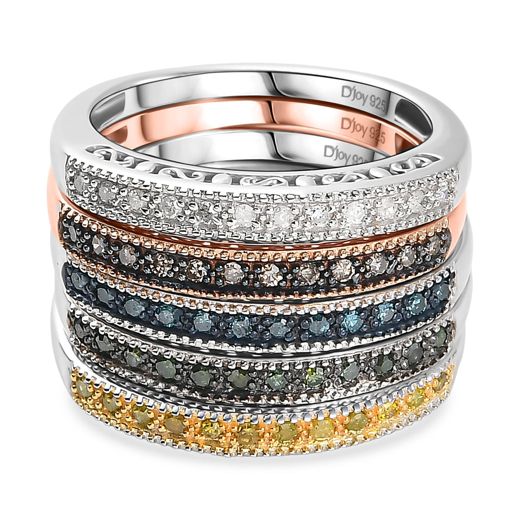 Set of 5 -  D'Joy Champagne Diamond, Green Diamond, Yellow Diamond, White Diamond & Blue Diamond Half Eternity Stackable Ring in Sterling Silver 0.50 Ct, Silver  Wt. 8.10