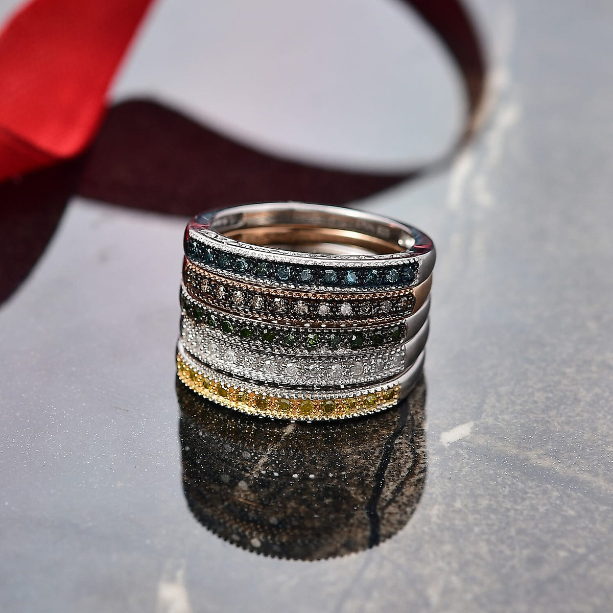 Set Of 5 â€“ Multi Colour Diamond Half Eternity Stackable Rings in 18K Vermeil Yellow Gold and Rose Gold Plated and Plating Overlay Sterling Silver 0.50 Ct. 4425089 2