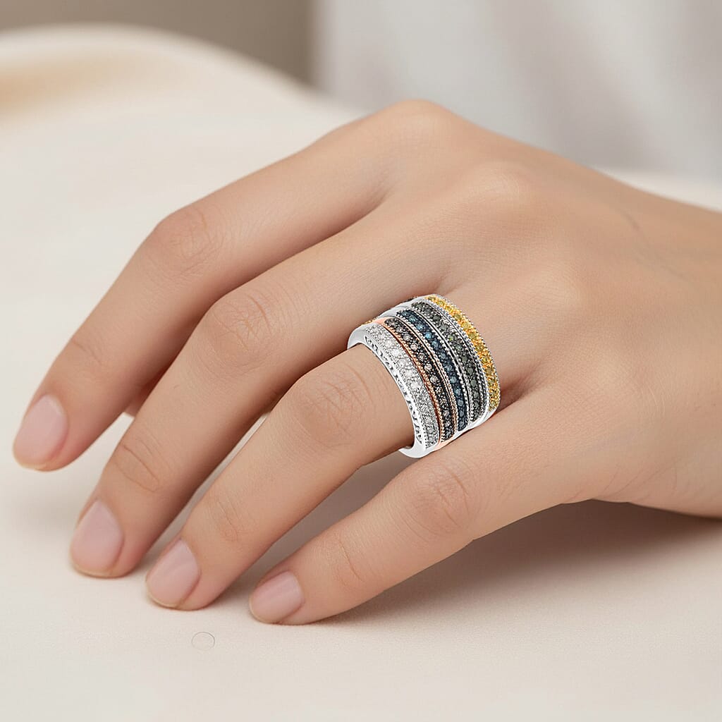 Set Of 5 â€“ Multi Colour Diamond Half Eternity Stackable Rings in 18K Vermeil Yellow Gold and Rose Gold Plated and Plating Overlay Sterling Silver 0.50 Ct. 4425089 3