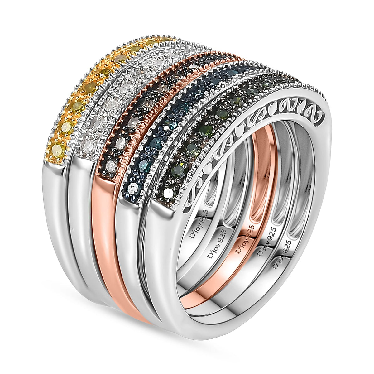 Set Of 5 â€“ Multi Colour Diamond Half Eternity Stackable Rings in 18K Vermeil Yellow Gold and Rose Gold Plated and Plating Overlay Sterling Silver 0.50 Ct. 4425089 4