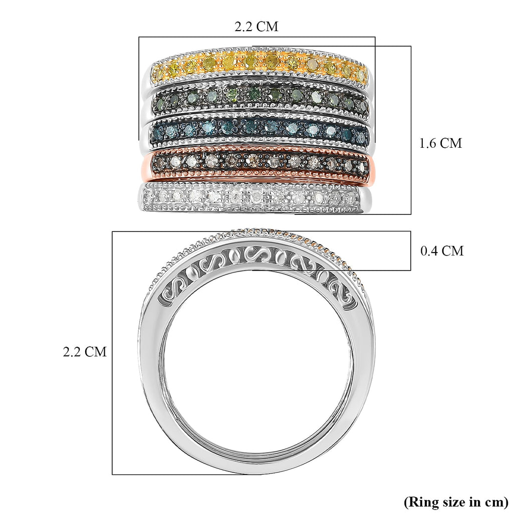 Set of 5 -  D'Joy Champagne Diamond, Green Diamond, Yellow Diamond, White Diamond & Blue Diamond Half Eternity Stackable Ring in Sterling Silver 0.50 Ct, Silver  Wt. 8.10