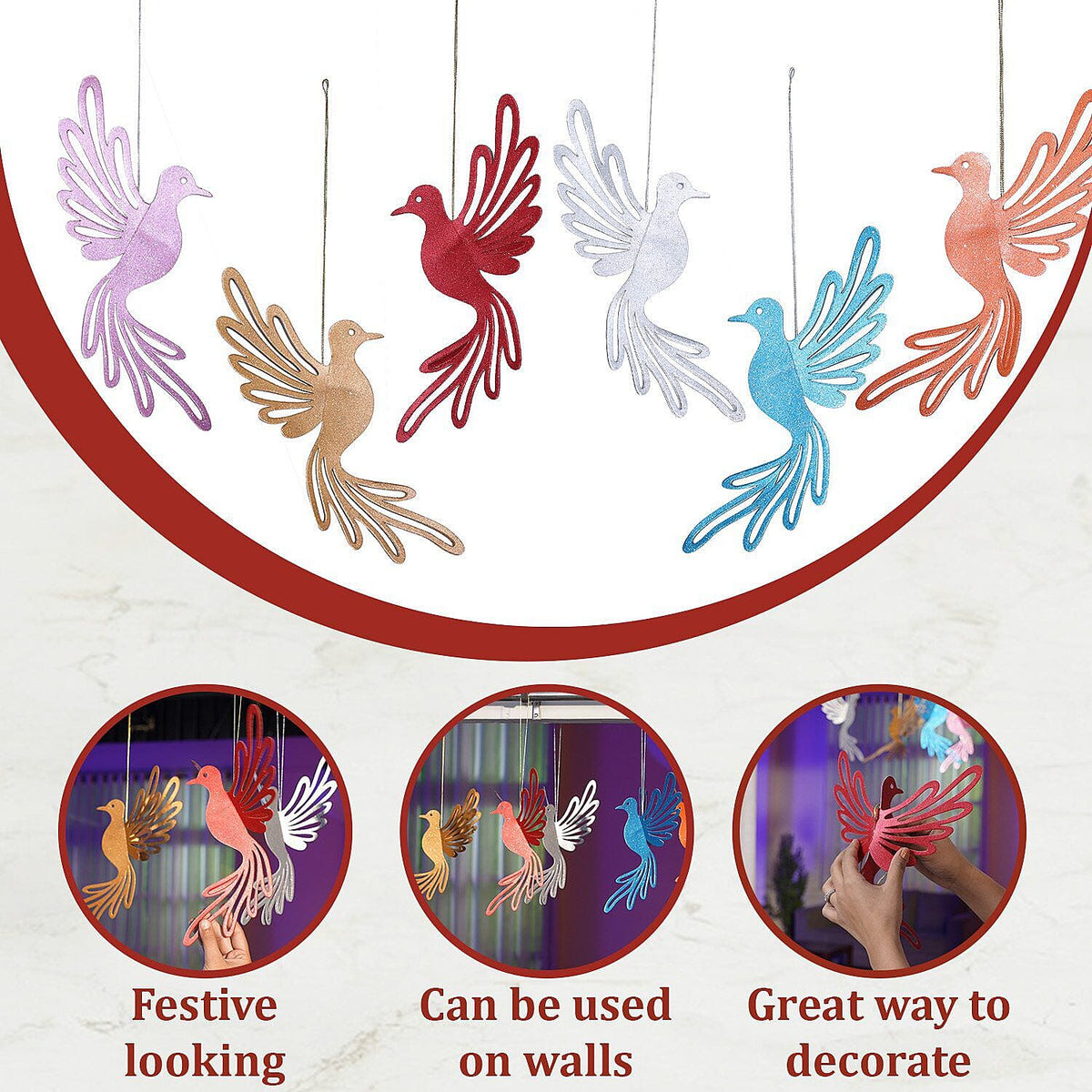 Decorative Set of 6 Glitter Printed 3D Bird with Elaborate cut-out Hanging Garland Kit (Size 26x25 Cm) 7192474 3