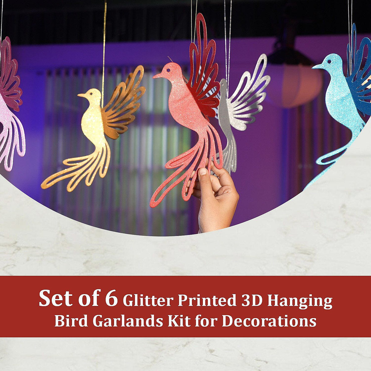 Decorative Set of 6 Glitter Printed 3D Bird with Elaborate cut-out Hanging Garland Kit (Size 26x25 Cm) 7192474 4