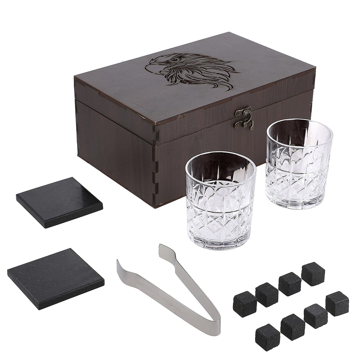 Set of 8 Whiskey Cooler Gemstones, Glass and Coaster Set Box Wooden Box (Size 12 Cm) - Multi 7168186 0
