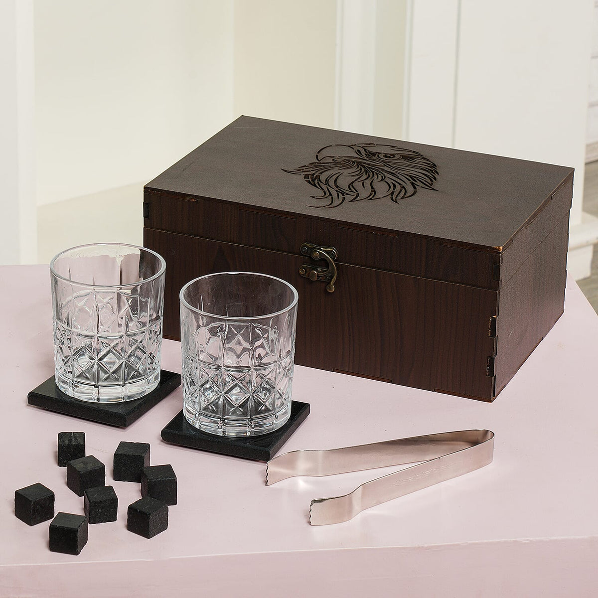 Set of 8 Whiskey Cooler Gemstones, Glass and Coaster Set Box Wooden Box (Size 12 Cm) - Multi 7168186 2