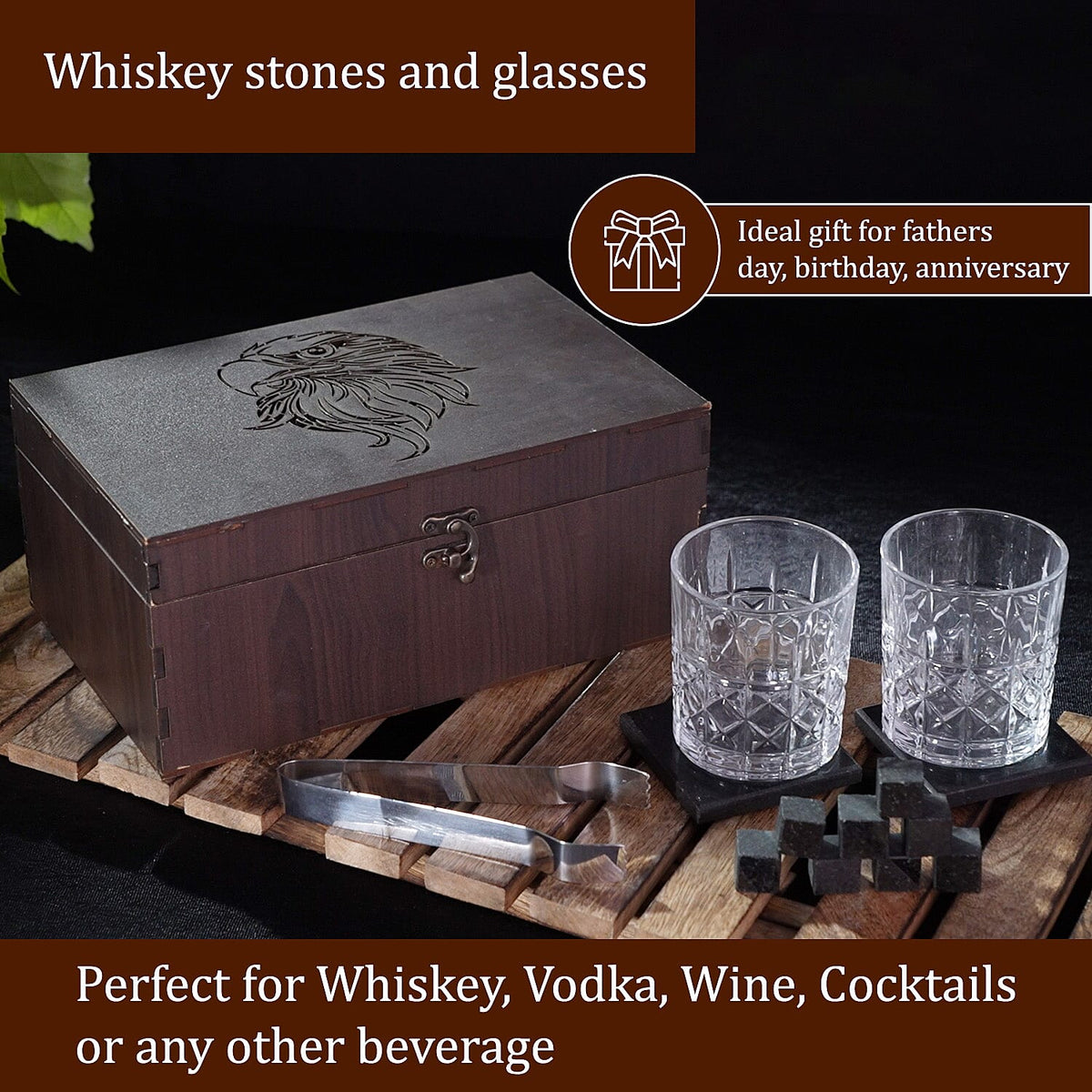Set of 8 Whiskey Cooler Gemstones, Glass and Coaster Set Box Wooden Box (Size 12 Cm) - Multi 7168186 3