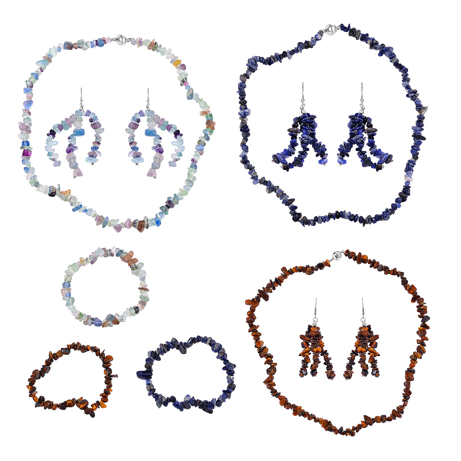 Set of 9 Pcs - Tigers Eye, Sodalite &amp; Fluorite Necklace (Size - 20), Bracelet (Size - 7.5) Stretchable &amp; Hook Earrings in White Tone 1090.00 Ct. 1079564 0