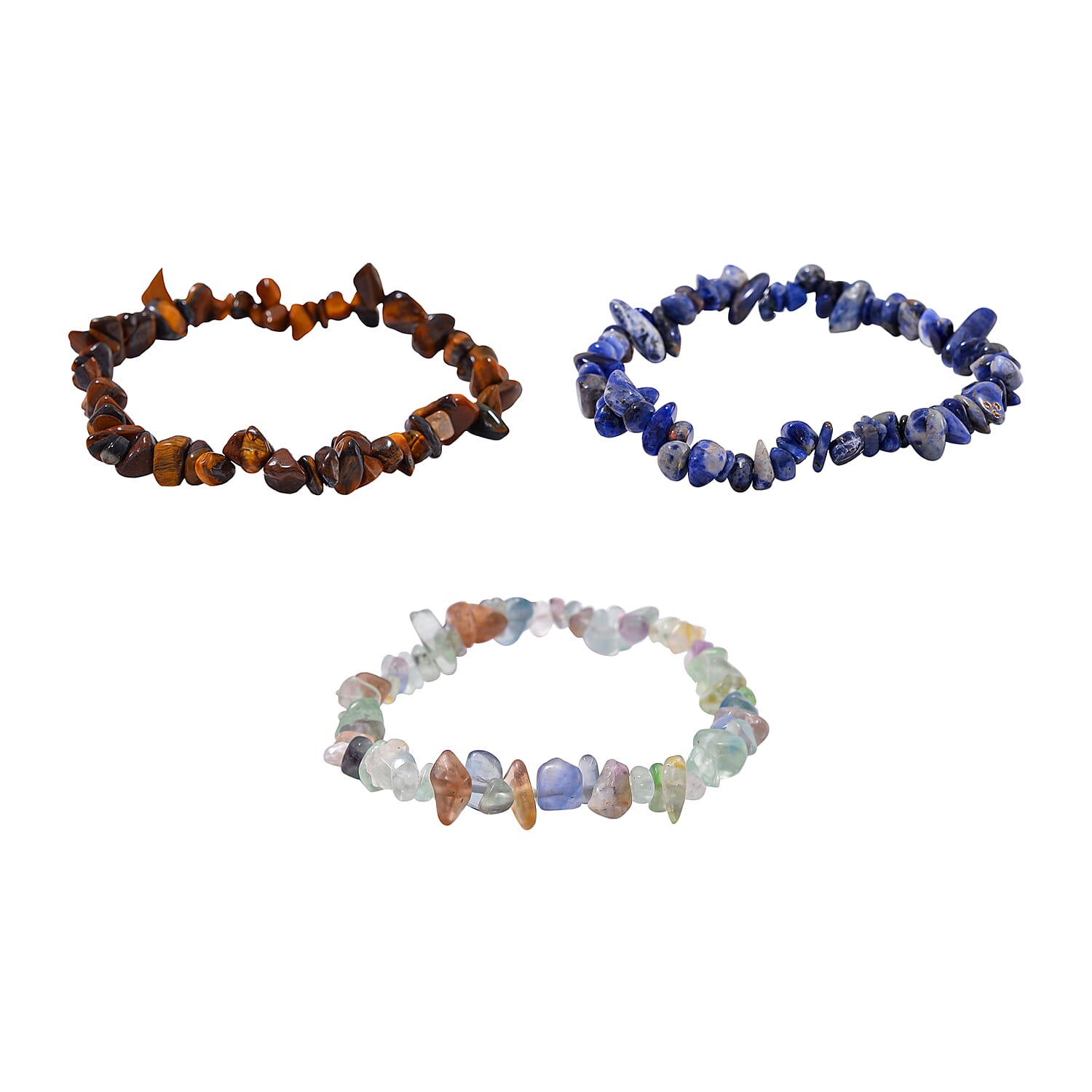 Set of 9 Pcs - Tigers Eye, Sodalite &amp; Fluorite Necklace (Size - 20), Bracelet (Size - 7.5) Stretchable &amp; Hook Earrings in White Tone 1090.00 Ct. 1079564 6