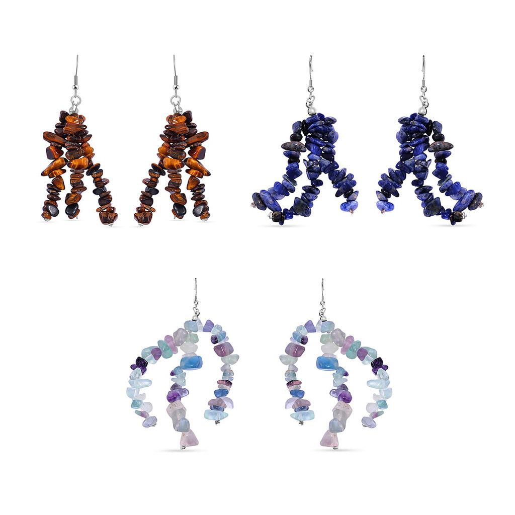 Set of 9 Pcs - Tigers Eye, Sodalite & Fluorite Necklace (Size - 20), Bracelet (Size - 7.5) Stretchable & Hook Earrings in White Tone 1090.00 Ct.