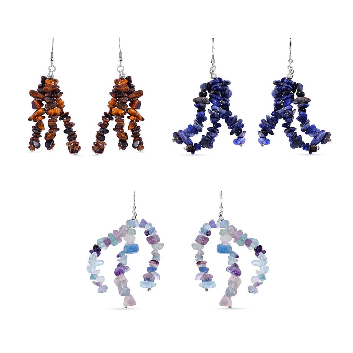 Set of 9 Pcs - Tigers Eye, Sodalite &amp; Fluorite Necklace (Size - 20), Bracelet (Size - 7.5) Stretchable &amp; Hook Earrings in White Tone 1090.00 Ct. 1079564 8