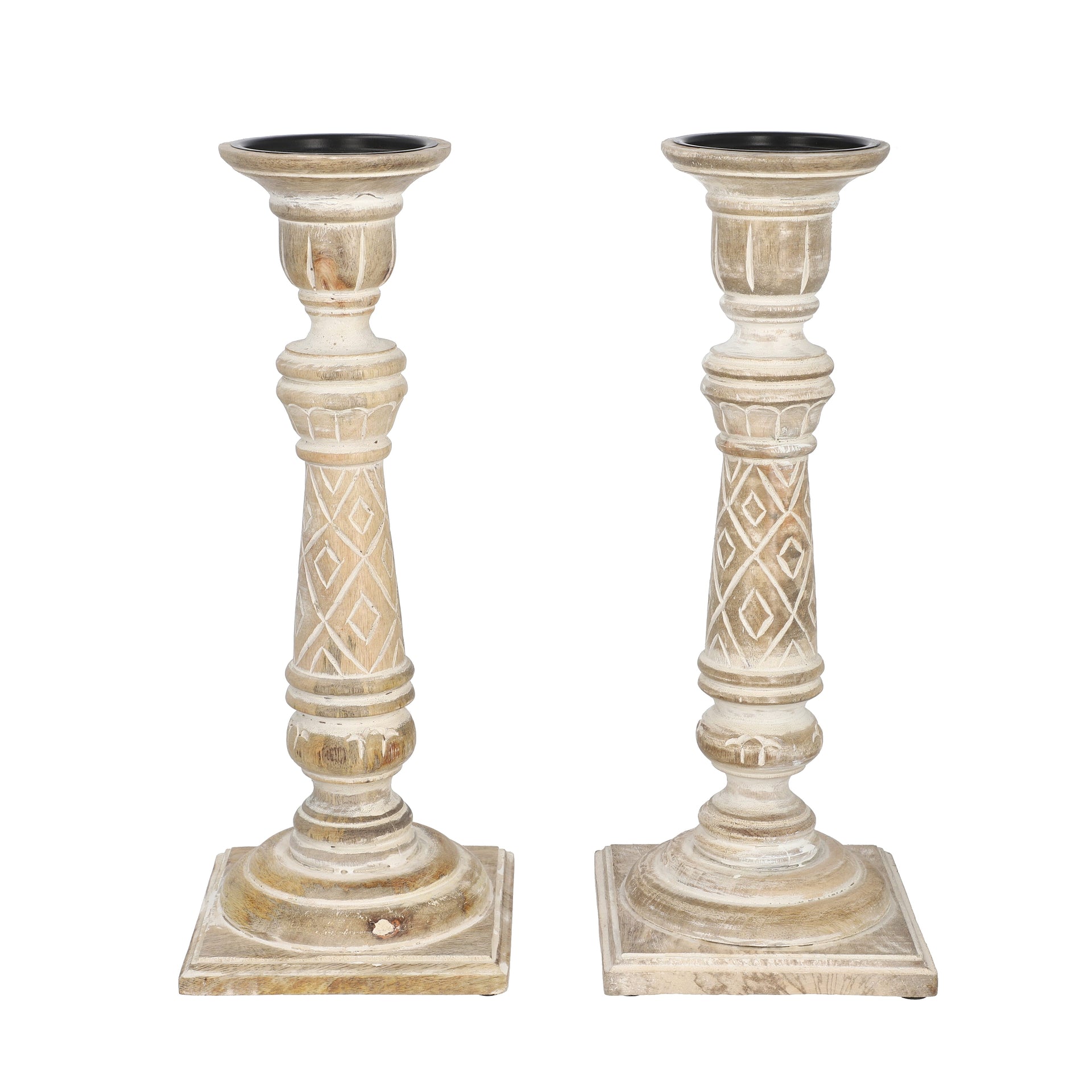 Set of 2 Antique Carved Wooden Candle Holders with Square Stand for Living Room DÃ©cor and Table Centrepiece - White 6489776 0