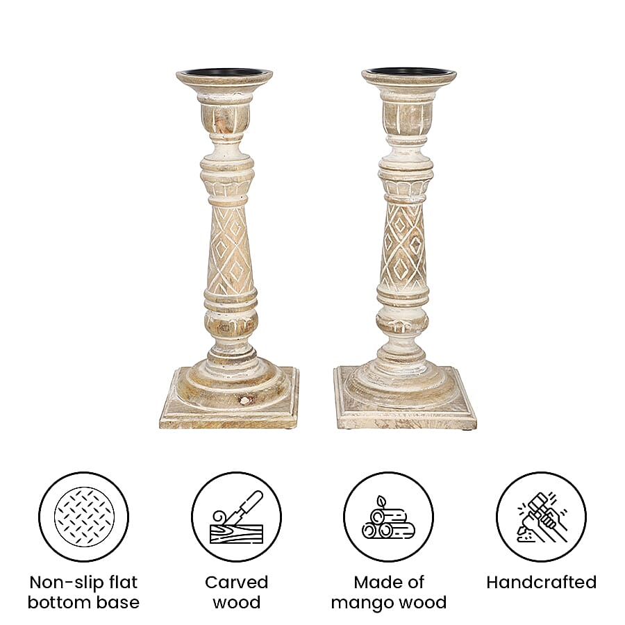 Set of 2 - Antique Carved Wooden Candle Holders - Light Brown