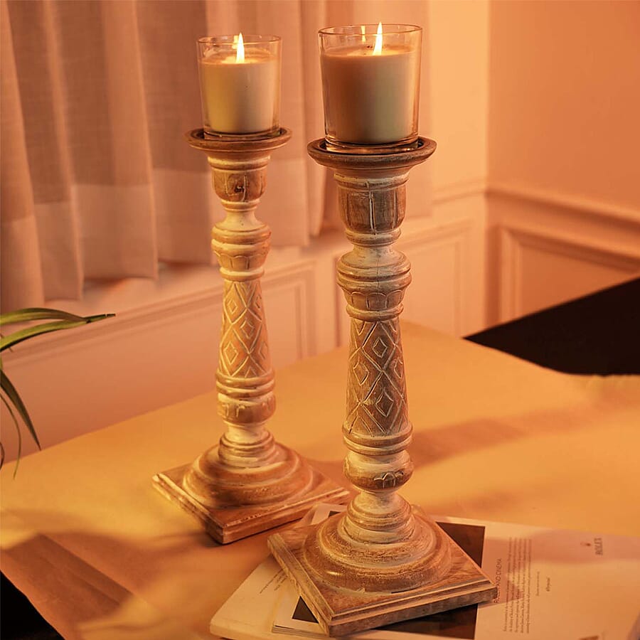 Set of 2 Antique Carved Wooden Candle Holders with Square Stand for Living Room DÃ©cor and Table Centrepiece - White 6489776 3