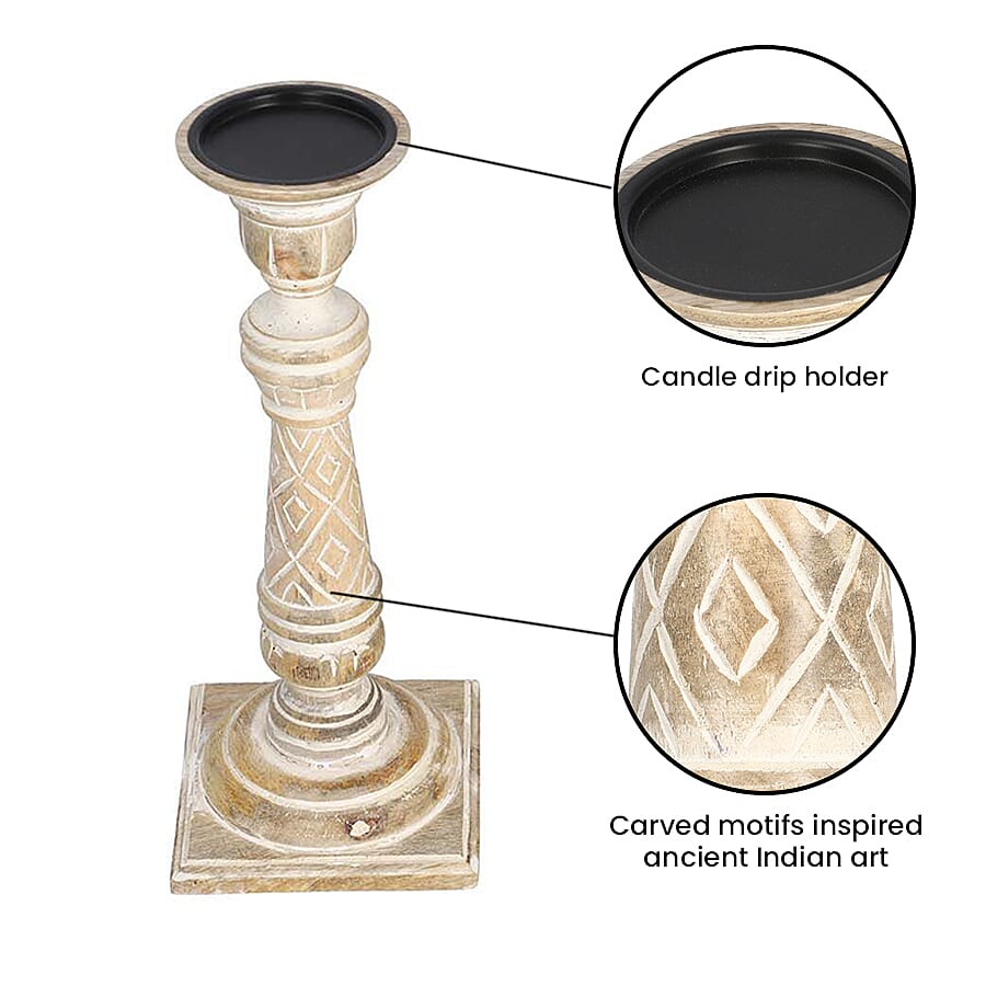 Set of 2 Antique Carved Wooden Candle Holders with Square Stand for Living Room DÃ©cor and Table Centrepiece - White 6489776 4