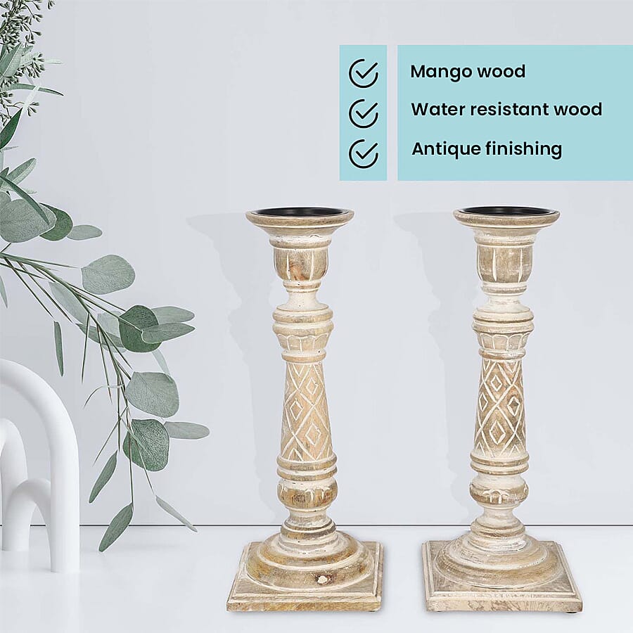 Set of 2 Antique Carved Wooden Candle Holders with Square Stand for Living Room DÃ©cor and Table Centrepiece - White 6489776 5