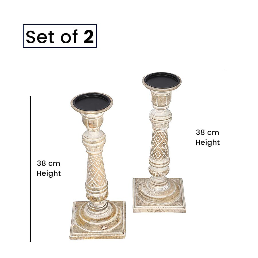 Set of 2 Antique Carved Wooden Candle Holders with Square Stand for Living Room DÃ©cor and Table Centrepiece - White 6489776 6