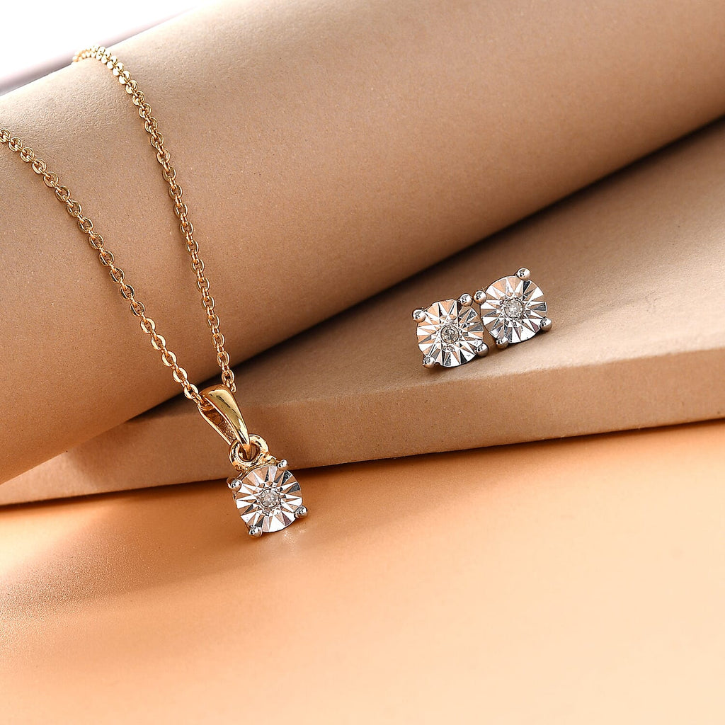 2 Piece Set White Natts Diamond Pendant with Chain (Size 20) with Lobster Clasp and Stud Earrings with Push Back in 14K Gold Overlay Sterling Silver