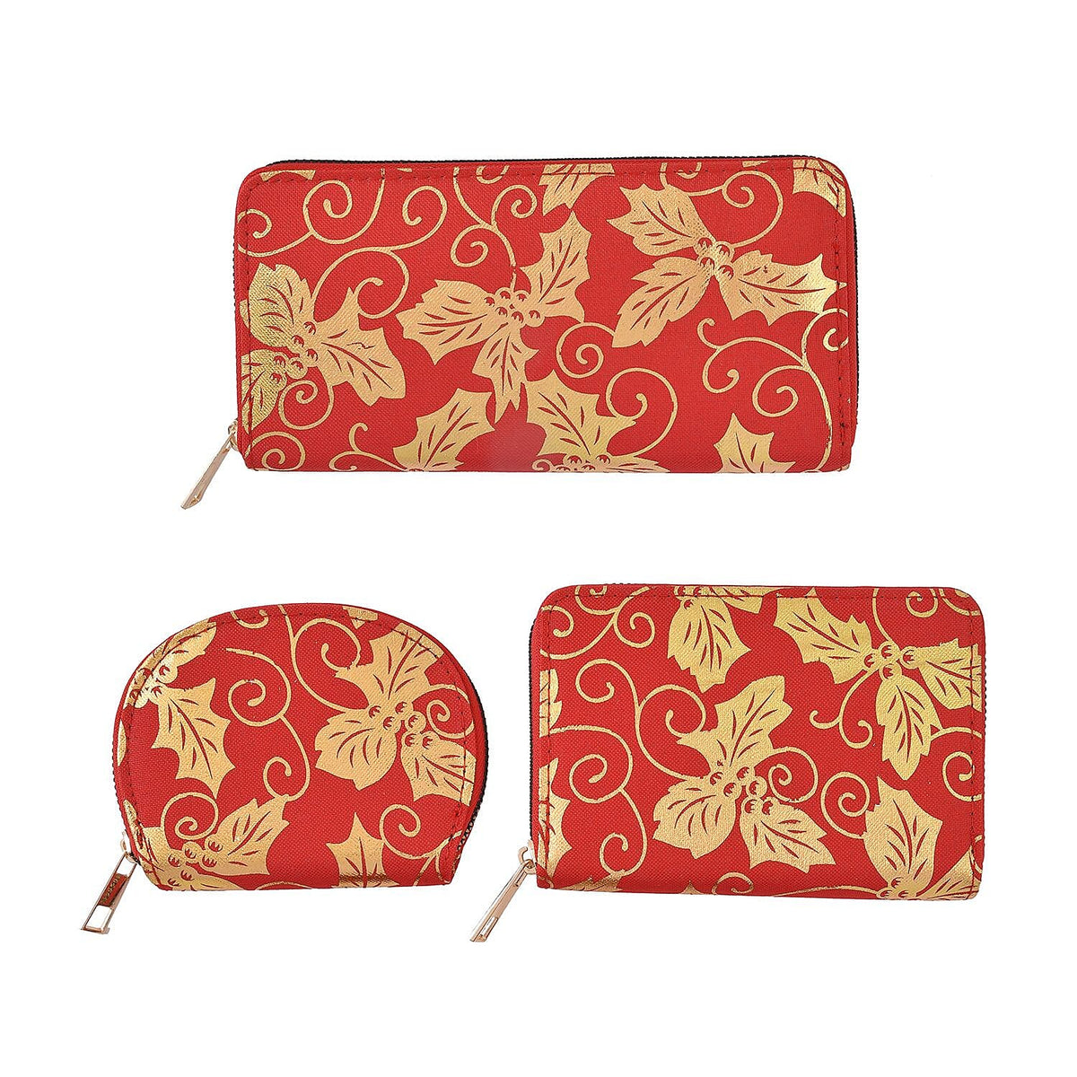 Set of 3 Golden Leaves Pattern Jute Rectangular Wallet with RFID Protection - Maroon 7201711 0