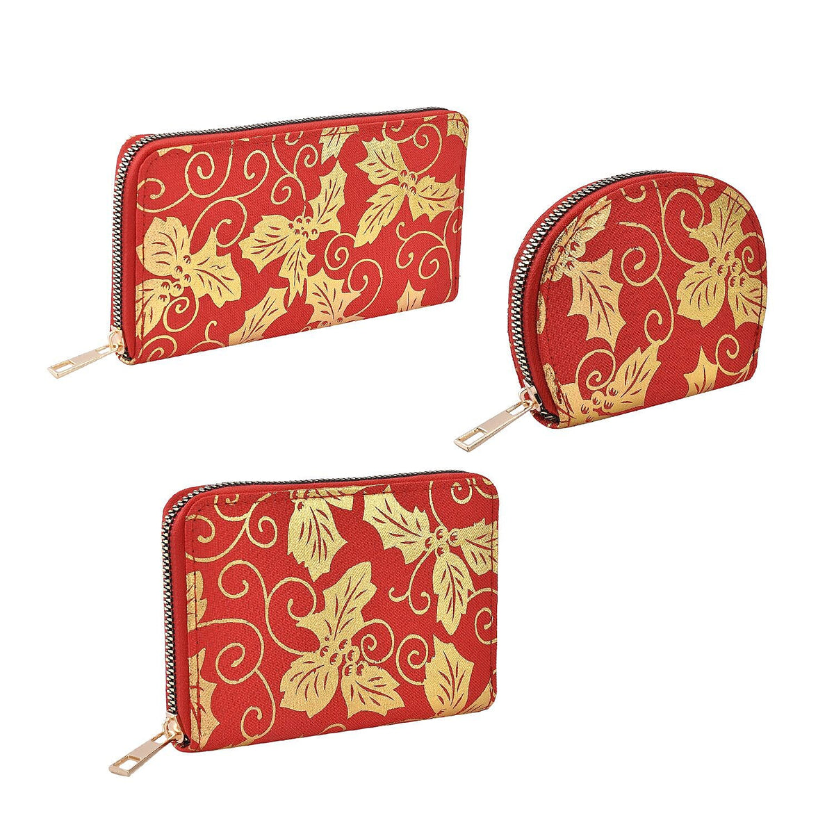 Set of 3 Golden Leaves Pattern Jute Rectangular Wallet with RFID Protection - Maroon 7201711 1