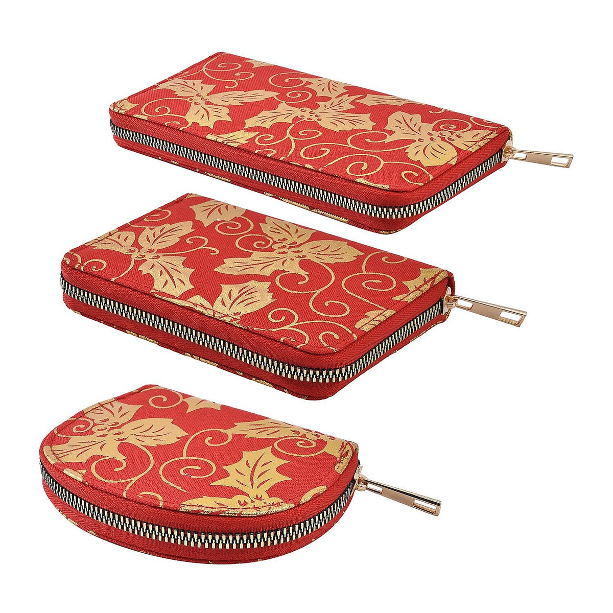 Set of 3 Golden Leaves Pattern Jute Rectangular Wallet with RFID Protection - Maroon 7201711 2
