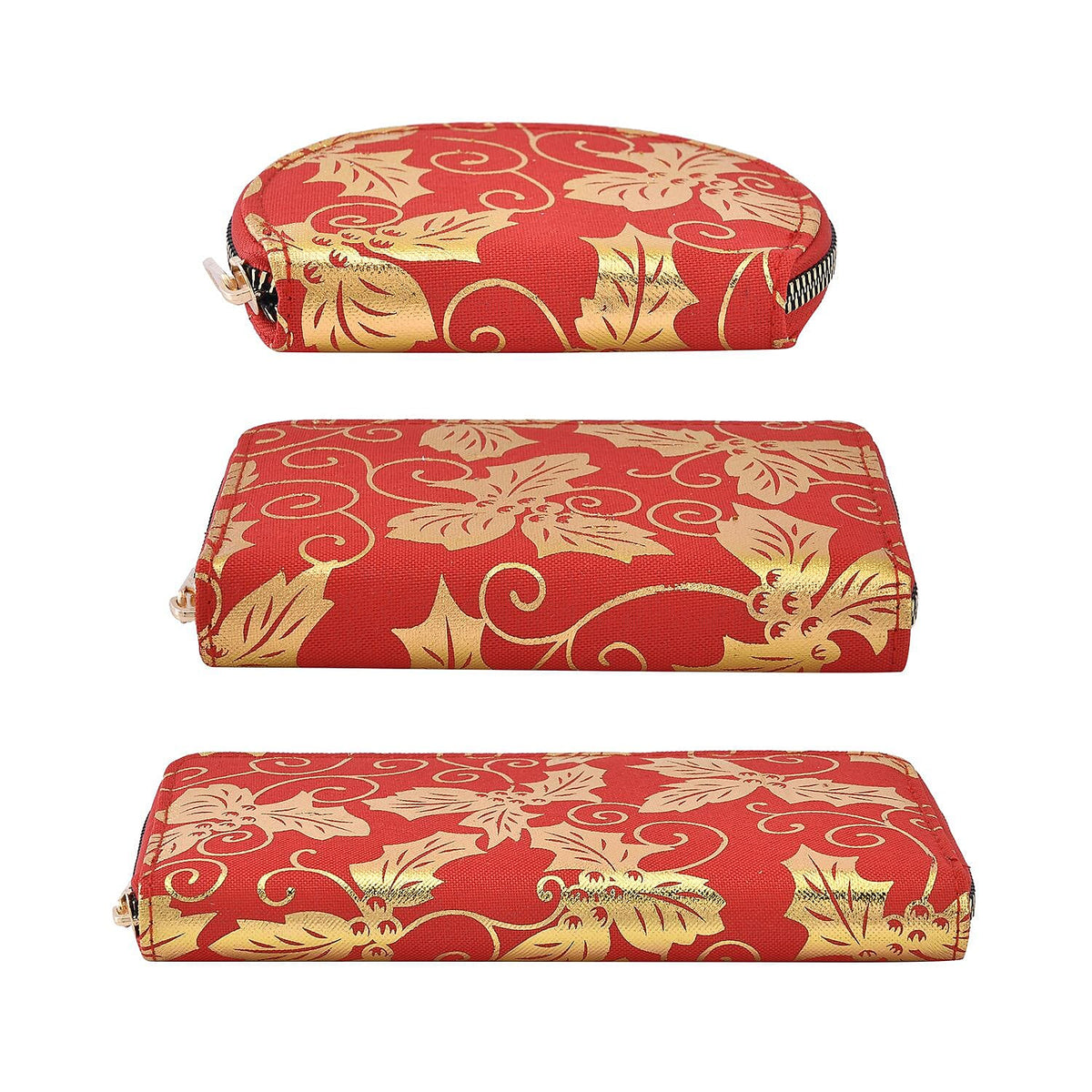 Set of 3 Golden Leaves Pattern Jute Rectangular Wallet with RFID Protection - Maroon 7201711 3