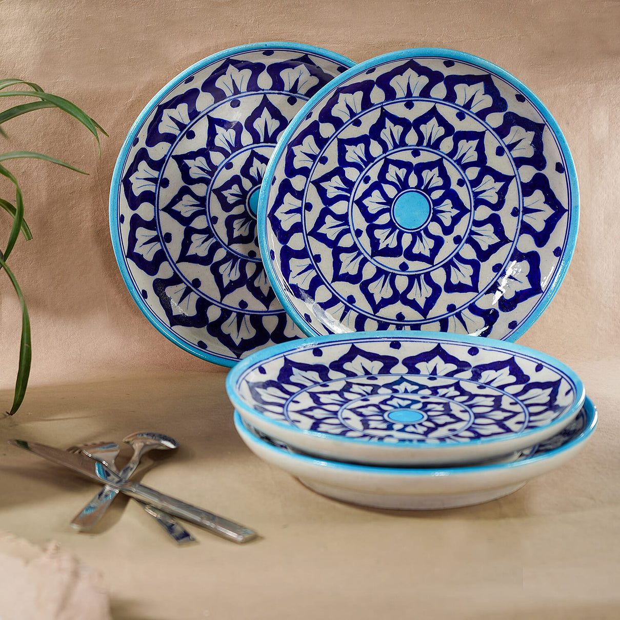 Set of 4 Hand Painted Ceramic Plates for Kitchen appliances and Home dÃ©cor - Blue and White 6320945 2